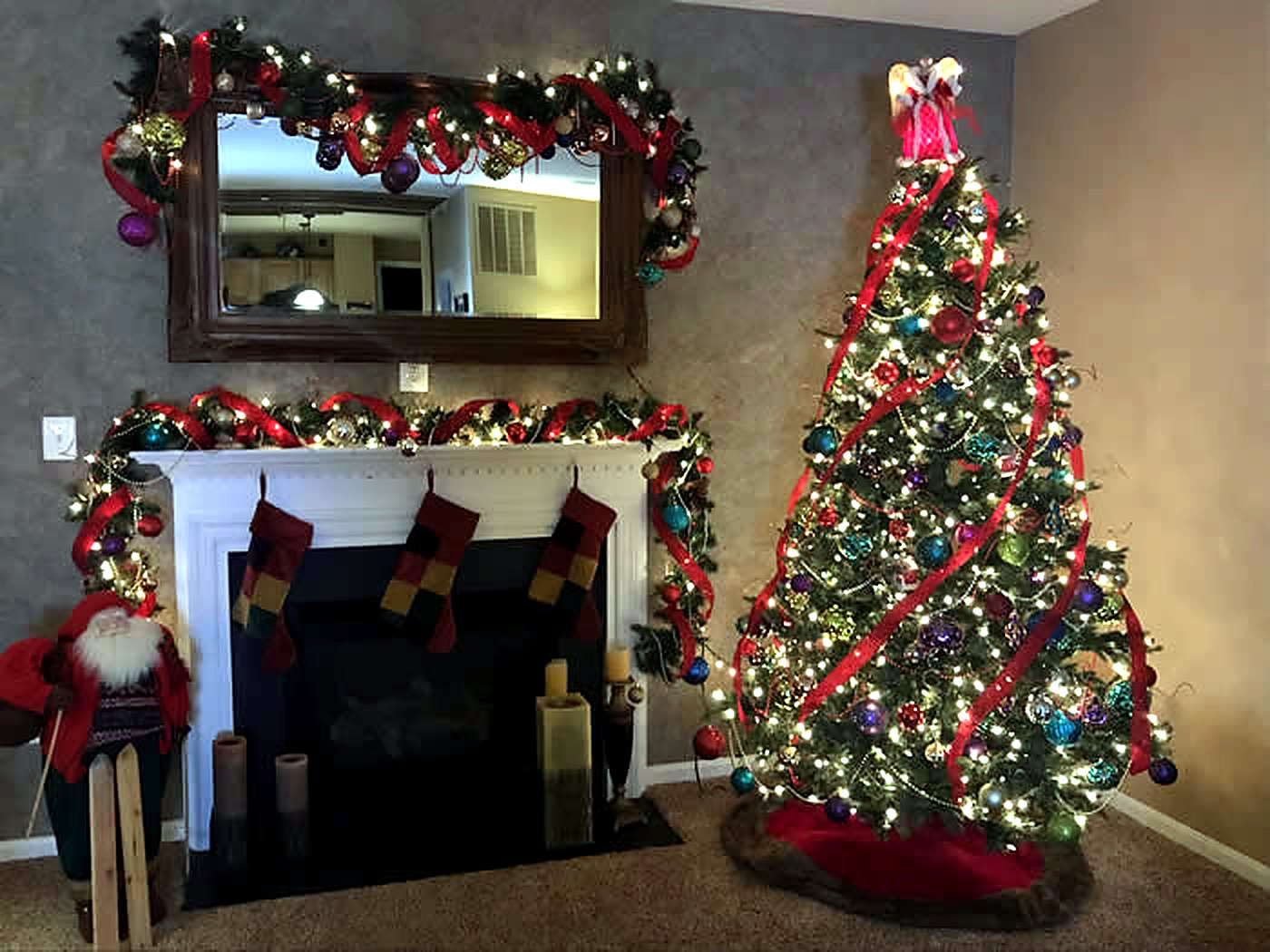 Living room tree and mantel